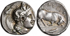 LUCANIA. Thourioi. Circa 400-350 BC. Stater (Silver, 21 mm, 7.94 g, 4 h). Head of Athena to right, wearing crested Attic helmet adorned, on the bowl, ...