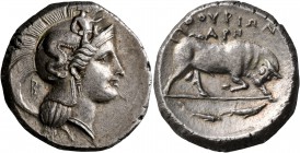LUCANIA. Thourioi. Circa 350-300 BC. Distater (Silver, 26 mm, 15.81 g, 8 h). Head of Athena to right, wearing crested Attic helmet adorned, on the bow...