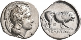 LUCANIA. Velia. Circa 340-334 BC. Didrachm or Nomos (Silver, 23 mm, 7.55 g, 7 h). Head of Athena to right, wearing crested Attic helmet adorned with a...