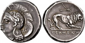 LUCANIA. Velia. Circa 280 BC. Didrachm or Nomos (Silver, 21 mm, 7.58 g, 2 h). Head of Athena to left, wearing crested Attic helmet decorated with a gr...