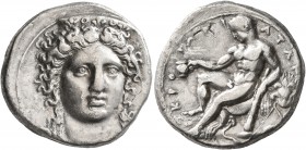 BRUTTIUM. Kroton. Circa 400-325 BC. Didrachm or Nomos (Silver, 20 mm, 7.57 g, 7 h). Head of Hera Lakinia facing slightly to the right, wearing stephan...