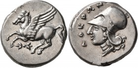 BRUTTIUM. Lokroi Epizephyrioi. Circa 350-275 BC. Stater (Silver, 21 mm, 8.70 g, 9 h). Pegasus flying left; below, thunderbolt. Rev. ΛOKPΩN Head of Ath...