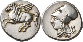 BRUTTIUM. Medma. Circa 330-320 BC. Stater (Silver, 21 mm, 8.66 g, 2 h). Pegasus flying left. Rev. Head of Athena to left, wearing Corinthian helmet. C...
