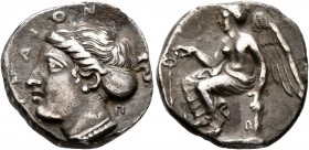 BRUTTIUM. Terina. Circa 420-400 BC. Didrachm or Nomos (Silver, 19 mm, 7.74 g, 10 h). [ΤΕΡ]ΙΝΑΙΟΝ Head of the nymph Terina to left, wearing pearl neckl...