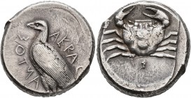 SICILY. Akragas. Circa 470/465-440s BC. Tetradrachm (Silver, 25 mm, 17.46 g, 4 h). AKRAC-ANTOΣ Eagle standing left with closed wings. Rev. Crab within...