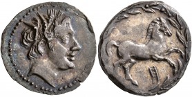 SICILY. Akragas. Punic occupation, 213-211 BC. Half Shekel (Silver, 19 mm, 3.72 g, 2 h). Male head (of Triptolemos?) to right, wearing wreath of grain...