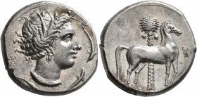SICILY. Entella (?). Punic issues, circa 345/38-320/15 BC. Tetradrachm (Silver, 25 mm, 16.97 g, 7 h). Head of Tanit-Persephone to right, wearing wreat...