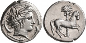 SICILY. Entella (?). Punic issues, circa 345/38-320/15 BC. Tetradrachm (Silver, 26 mm, 17.36 g, 7 h). Head of Tanit-Persephone to right, wearing wreat...