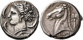 SICILY. Entella (?). Punic issues, circa 320/15-300 BC. Tetradrachm (Silver, 25 mm, 17.05 g, 2 h). Head of Tanit-Persephone to left, wearing wreath of...