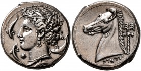 SICILY. Entella (?). Punic issues, circa 320/15-300 BC. Tetradrachm (Silver, 26 mm, 17.00 g, 8 h). Head of Tanit-Persephone to left, wearing wreath of...