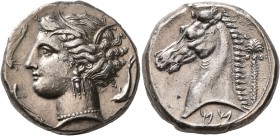 SICILY. Entella (?). Punic issues, circa 320/15-300 BC. Tetradrachm (Silver, 25 mm, 17.21 g, 5 h). Head of Tanit-Persephone to left, wearing wreath of...