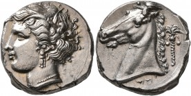 SICILY. Entella (?). Punic issues, circa 320/15-300 BC. Tetradrachm (Silver, 24 mm, 16.91 g, 12 h). Head of Tanit-Persephone to left, wearing wreath o...