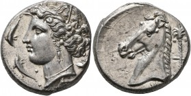 SICILY. Entella (?). Punic issues, circa 320/15-300 BC. Tetradrachm (Silver, 24 mm, 16.90 g, 8 h). Head of Tanit-Persephone to left, wearing wreath of...