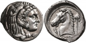 SICILY. Entella (?). Punic issues, circa 300-289 BC. Tetradrachm (Silver, 26 mm, 17.09 g, 9 h). Head of Herakles to right, wearing lion skin headdress...