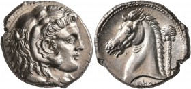 SICILY. Entella (?). Punic issues, circa 300-289 BC. Tetradrachm (Silver, 27 mm, 16.96 g, 11 h). Head of Herakles to right, wearing lion skin headdres...