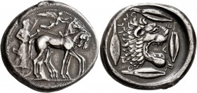 SICILY. Leontini. Circa 476-466 BC. Tetradrachm (Silver, 26 mm, 17.13 g, 7 h). Charioteer driving quadriga walking to right, holding goad in his right...