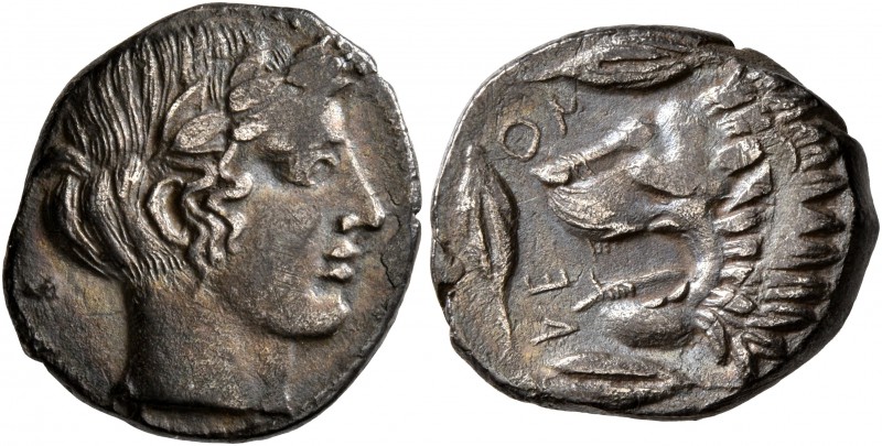 SICILY. Leontini. Circa 440-430 BC. Drachm (Silver, 17 mm, 4.08 g, 9 h). Laureat...