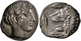 SICILY. Leontini. Circa 440-430 BC. Drachm (Silver, 17 mm, 4.08 g, 9 h). Laureate head of Apollo to right. Rev. ΛEON Head of a roaring lion with open ...