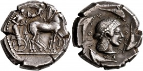 SICILY. Syracuse. Deinomenid Tyranny, 485-466 BC. Tetradrachm (Silver, 23 mm, 17.25 g, 7 h), circa 475-470. Charioteer driving quadriga walking to rig...