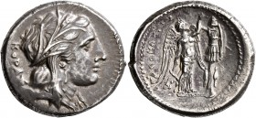 SICILY. Syracuse. Agathokles, 317-289 BC. Tetradrachm (Silver, 27 mm, 17.33 g, 1 h), circa 310-306/5. KOPAΣ Head of Kore to right, wearing wreath of g...