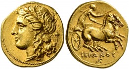 SICILY. Syracuse. Hieron II, 275-215 BC. 60 Litrai or Dekadrachm (Gold, 16 mm, 4.28 g, 12 h), 218/7-215. Head of Persephone to left, wearing wreath of...