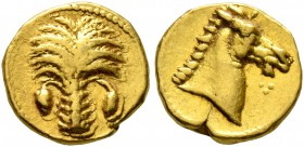 CARTHAGE. Circa 350-320 BC. 1/10 Stater (Gold, 8 mm, 0.89 g, 2 h). Palm tree with two date-clusters. Rev. Head of a horse to right; before, three pell...
