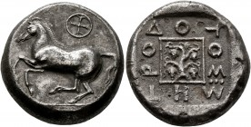 THRACE. Maroneia. Circa 436/5-411/0 BC. Tetradrachm (Silver, 23 mm, 13.92 g, 12 h), Metrodotos, magistrate. Horse galloping to left; above, wheel of f...