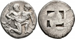 ISLANDS OFF THRACE, Thasos. Circa 412-404 BC. Stater (Silver, 22 mm, 8.24 g). Nude ithyphallic satyr, with long beard and long hair, moving right in '...