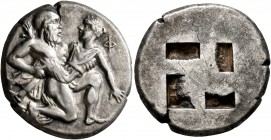 ISLANDS OFF THRACE, Thasos. Circa 412-404 BC. Stater (Silver, 21 mm, 8.50 g). Nude ithyphallic satyr, with long beard and long hair, moving right in '...
