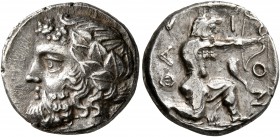 ISLANDS OFF THRACE, Thasos. Circa 411-340 BC. Drachm (Silver, 16 mm, 3.84 g, 1 h). Head of Dionysos to left, wearing wreath of ivy and fruit. Rev. ΘAΣ...