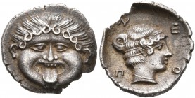 MACEDON. Neapolis. Circa 424-350 BC. Hemidrachm (Silver, 15 mm, 1.75 g, 9 h). Facing gorgoneion with protruding tongue. Rev. N-E-O-Π Head of the nymph...