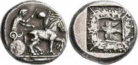 MACEDON. Olynthos. Circa 479-475/0 BC. Tetradrachm (Silver, 25 mm, 17.49 g, 11 h). Male charioteer driving slow quadriga to right, holding kentron in ...