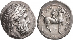 KINGS OF MACEDON. Philip II, 359-336 BC. Tetradrachm (Silver, 25 mm, 14.46 g, 1 h), Pella, circa 342/1-337/6. Laureate head of Zeus to right. Rev. ΦΙΛ...
