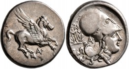 AKARNANIA. Anaktorion. Circa 350-300 BC. Stater (Silver, 21 mm, 8.61 g, 6 h). AN Pegasus flying right. Rev. Head of Athena to right, wearing Corinthia...