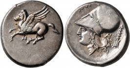 AKARNANIA. Anaktorion. Circa 320-280 BC. Stater (Silver, 22 mm, 8.48 g, 1 h). AN Pegasus flying left. Rev. ΛΥΣI Head of Athena to left, wearing Corint...