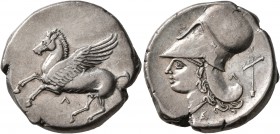 AKARNANIA. Leukas. Circa 320-280 BC. Stater (Silver, 22 mm, 8.49 g, 2 h). Λ Pegasus flying left. Rev. Head of Athena to left, wearing Corinthian helme...