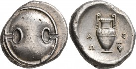 BOEOTIA. Thebes. Circa 395-338 BC. Stater (Silver, 23 mm, 12.16 g), Aso(p)..., magistrate. Boeotian shield. Rev. A-Σ/Ω Amphora; to lower right, grape ...