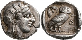 ATTICA. Athens. Circa 455-449 BC. Tetradrachm (Silver, 24 mm, 17.18 g, 5 h). Head of Athena to right, wearing crested Attic helmet decorated with thre...