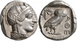 ATTICA. Athens. Circa 430s-420s BC. Tetradrachm (Silver, 25 mm, 17.18 g, 1 h). Head of Athena to right, wearing crested Attic helmet decorated with th...