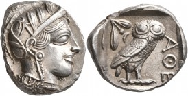 ATTICA. Athens. Circa 430s-420s BC. Tetradrachm (Silver, 26 mm, 17.17 g, 4 h). Head of Athena to right, wearing crested Attic helmet decorated with th...