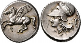 CORINTHIA. Corinth. Circa 375-300 BC. Stater (Silver, 21 mm, 8.57 g, 7 h). Ϙ Pegasus flying left. Rev. Head of Athena to left, wearing laureate Corint...