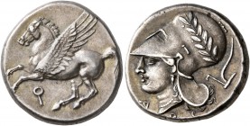 CORINTHIA. Corinth. Circa 375-300 BC. Stater (Silver, 20 mm, 8.60 g, 4 h). Ϙ Pegasus flying left. Rev. Head of Athena to left, wearing laureate Corint...