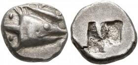 MYSIA. Kyzikos. Circa 600-550 BC. Trihemiobol (?) (Silver, 9 mm, 1.12 g). Head of a tunny to right; above, tunny right; to left, two pellets. Rev. Rou...