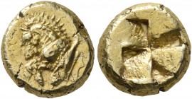 MYSIA. Kyzikos. Circa 500-450 BC. Hekte (Electrum, 10 mm, 2.65 g). Forepart of a horse to left; to right, tunny downward. Rev. Quadripartite incuse sq...
