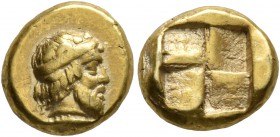 MYSIA. Kyzikos. Circa 500-450 BC. Hekte (Electrum, 10 mm, 2.64 g). Bearded head of Dionysos to right, wearing diadem and wreath of ivy; below, [tunny ...