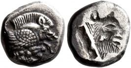 LESBOS. Mytilene (?). Circa 521-478 BC. Diobol (Silver, 10 mm, 1.22 g, 9 h). Forepart of a winged boar to right. Rev. Incuse forepart of a man-headed ...