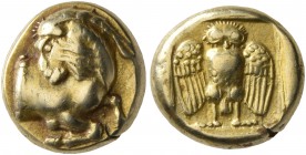 LESBOS. Mytilene. Circa 454-428/7 BC. Hekte (Electrum, 10 mm, 2.54 g). Forepart of a goat to right, head to left. Rev. Owl standing facing, wings spre...