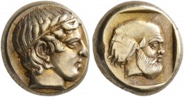 LESBOS. Mytilene. Circa 454-428/7 BC. Hekte (Electrum, 10 mm, 2.55 g, 2 h). Laureate head of Apollo to right. Rev. Bearded head of Silenos to right wi...