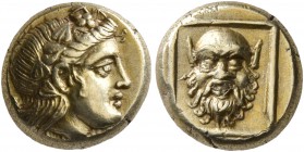 LESBOS. Mytilene. Circa 377-326 BC. Hekte (Electrum, 10 mm, 2.57 g, 12 h). Head of Dionysos to right, wearing wreath of ivy and fruit. Rev. Facing hea...