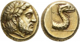 LESBOS. Mytilene. Circa 377-326 BC. Hekte (Electrum, 10 mm, 2.55 g, 1 h). Laureate head of Zeus to right. Rev. Forepart of a serpent to right within l...